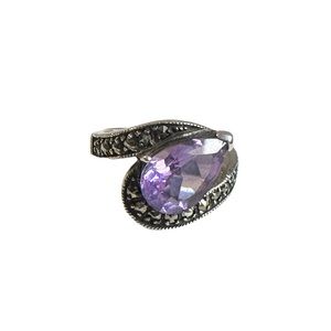 Vintage 925 Sterling Silver Pear Shaped Amethyst Marcasite Cocktail Ring 5.5